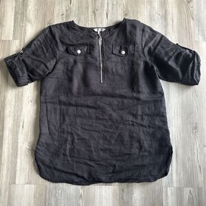 Ellen Tracy 100% Linen Black Dress Top Tunic W 3/4 Sleeves Size Small